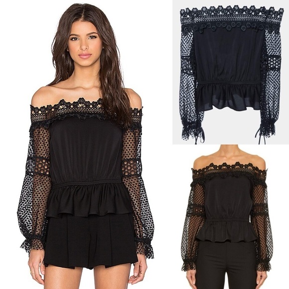 Self-Portrait Tops - Self Portrait Womens Black Silk Blend Floral Lace Off The Shoulder Blouse US 6
